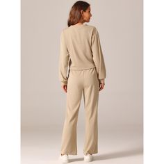 Fashion Style: Long Sleeve Crop Tops/Round Neck/Solid Color/Ribbed Knit/Wide Leg Pant/Tracksuit Lounge Sets. Perfect for both day and evening occasions, these blouses add a touch of elegance and style to any wardrobe. The twist front long sleeve top looks stylish and can be worn separately from the wide leg sweatpants. This lounge tracksuit is ideal for casual street looks, leisure at home, workouts, running, weekends, vacations, and beach outings. Made of 95% Polyester and 5% Spandex, it offers Two Pieces Outfits, Workouts Running, Pieces Outfits, Peplum Blazer, Wide Leg Sweatpants, Skirt Suit Set, Street Look, Cropped Sweatshirt, Business Suit