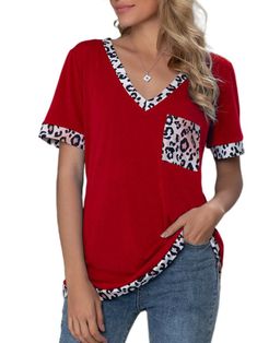 Denim Choker, Short Sleeve Blouses, Leopard Top, Red Blouses, Outfits Summer, Fashion Sewing, Short Sleeve Blouse, Cute Shirts, Casual T Shirts