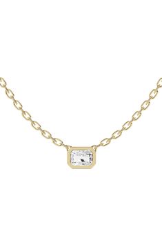 Chunky links and an eased square shape strike a modern mood for an 18-karat gold necklace hung with a flashing lab-created diamond. Minimum lab-created-diamond weight: 0.5ct. Color: G Clarity: VS 18k gold/lab-created diamond Imported >Diamond Guide Modern Gold Emerald Cut Necklace, Yellow Gold Rectangular Diamond Cut Necklace, Rectangular Diamond Cut Yellow Gold Necklace, Rectangular Yellow Gold Necklace With Diamond Cut, Gold Necklace With Single Baguette Cut Diamond, Gold Baguette Cut Single Diamond Necklace, Gold Baguette Cut Necklace With Single Diamond, Rectangular Diamond Cut Necklace, Fine Jewelry Rectangular Necklace With Single Cut Diamonds