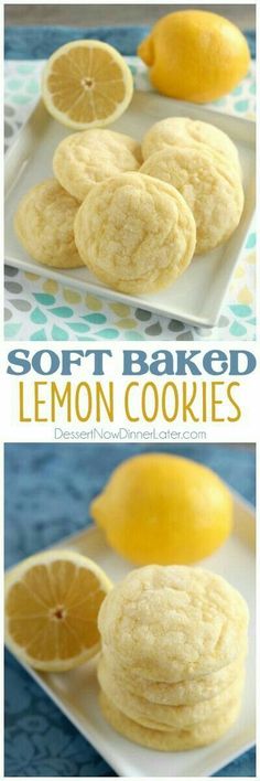 soft baked lemon cookies on a plate with lemons in the background and text overlay that reads soft baked lemon cookies