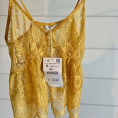 Nwt Sz Small Zara W/B Collection Lace Tank Top Gold Cami Top For Summer, Zara Yellow Beach Top, Zara Yellow Summer Top, Zara Mustard Top For Spring, Yellow Zara Tops For Day Out, Zara Yellow Tops For Day Out, Spring Mustard Zara Tops, Yellow Cami Tops For Beach, Yellow Cami Top For Vacation