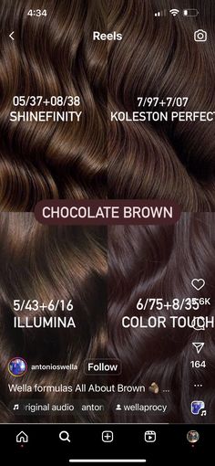 Rich Brown Hair Color Formula, Koleston Perfect Color Chart, Shades Eq Chocolate Brown Formula, Wella Shinefinity Formulas, Brown Hair Formulas, Chocolate Brown Hair Formula, Shinefinity Formulas, Level 5 Brown Hair, Chocolate Brown Curly Hair