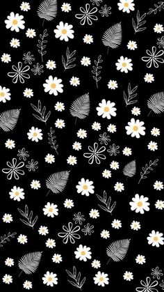 a black and white floral pattern with daisies, leaves and other flowers on it