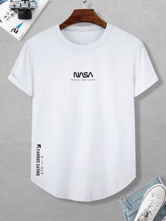 White Casual  Short Sleeve Polyester Letter   Slight Stretch Summer Men Tops Casual White T-shirt With Basic Design, Modern Short Sleeve T-shirt For Streetwear, White Casual T-shirt With Graphic Design, Casual White Print T-shirt For Streetwear, Modern White T-shirt With Graphic Print, Simple Tshirt Design, T Shirt Label, Nike Clothes Mens