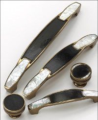 three different types of black and white furniture handles, knobs and drawer pulls with mother of pearl inlay