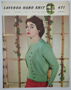 a woman in a green sweater and red skirt is posing for the cover of lavenda hand knit 471