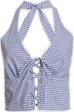 Summer Gingham Tops With Tie Straps, Gingham Sleeveless Top, Gingham Halter Top, Fitted Gingham Cotton Crop Top, Summer Gingham V-neck Top, Navy Gingham, Western Look, Halter Top, Gingham