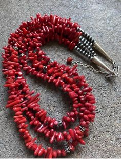 Sterling Silver Multistrand Red Bamboo Coral Bead Necklace 20 inch Multi-strand Red Coral Necklace With Polished Beads, Multi-strand Red Coral Beaded Necklaces With Polished Beads, Red Gemstone Beads Long Necklace, Red Gemstone Beaded Long Necklace, Red Artisan Necklace With Round Beads, Artisan Red Necklace With Round Beads, Red Hand-strung Multi-strand Jewelry, Red Hand-strung Long Necklace, Red Double Strand Beaded Necklace With Polished Beads