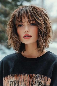 choppy bob, hairstyles, hair trends Curly Hair Bob Haircut With Bangs, Short Choppy Bobs For Thick Hair With Bangs, Messy Short Bob With Bangs, Short With Bangs Hairstyle Women, Simple Short Haircuts For Women, Shaggy Bob Haircut Medium, Above Shoulder Length Hair With Layers And Bangs, Choppy Bob Hairstyles With Curtain Bangs, Short Wavy Hair Color Ideas