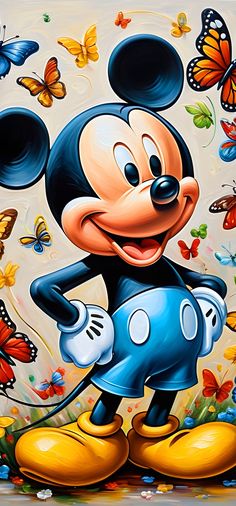 a mickey mouse painting with butterflies surrounding it