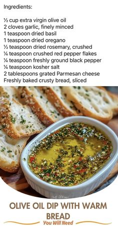 the recipe for olive oil dip with bread is shown in this advertisement