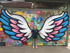 We did another mural for a Primary School recently in Mont Albert. For this wall though, we got all the students involved by getting them to paint their own st Wing Mural, Angel Wings Art, Wall Street Art, School Wall Art, School Painting, Zumba Dance, Wall Painting Decor, Wings Art