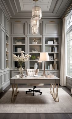 a home office with gray walls and white furniture