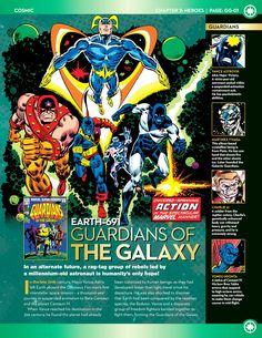 an advertisement for the comic book, guardianss of the galaxy with various characters and their names