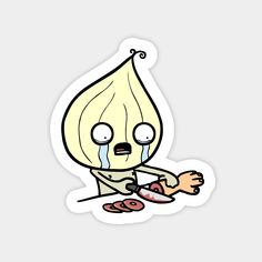 a sticker with an image of a crying onion on it's face and legs