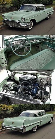 two pictures of an old car with the hood open