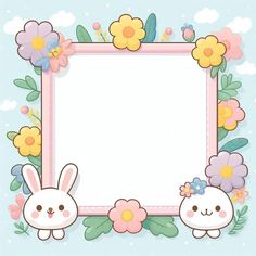 two cute little bunnies with flowers and butterflies around the frame on a blue background