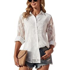 Women's Tunic Long Sleeve Button Down Blouses 287 White 100% Polyester Button Closure Machine Wash Material-The Button Up Blouse Made Of Breathable & Lightweight Polyester Jacquard Material, Make You Feels Great To Touch, Comfy To Wear.This Chiffon Blouse With A Inner Lining,Don't Need To Worry About See-Through. Trendy Features-Womens Blouses And Tops Dressy/Blouses & Button-Down Shirts/Jacquard Shirt Top/Long Sleeve Work Blouses/White Blouses/Ladies Collared Shirts/Blouse With Chest Pockets.Sh White Button-up Blouse With Back Button Closure, White Blouse With Back Button Closure For Fall, Summer White Blouse With Back Button Closure, Pink Blouses, Hair Casual, Dressy Blouses, Collared Shirts, White Blouses, Jacquard Shirt