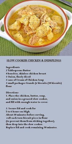 the recipe for slow cooker chicken and dumplings is shown in this screenshot