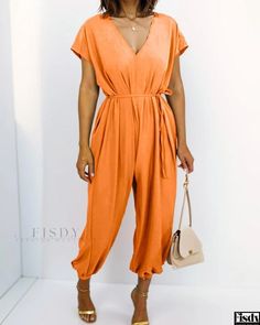 Fisdy - Womens V-Neck Harem Jumpsuit with Self-Tie Waist and Wide Leg Pants - Casual and Sophisticated Romper Harem Jumpsuits, Short Sleeve Jumpsuits, Jumpsuit With Sleeves, Three Quarter Sleeves, Cotton Silk, High Waisted Pants, Dressmaking, Sleeve Styles, Length Sleeve