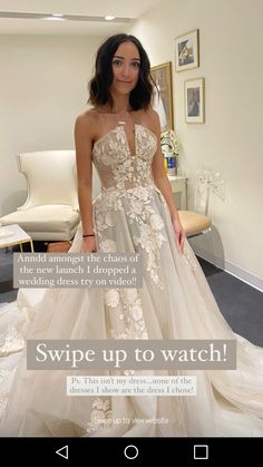 a woman in a wedding dress with the caption swipe up to watch