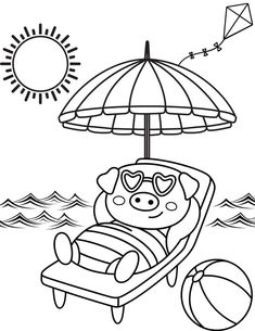 a cartoon pig is relaxing on the beach under an umbrella and sunbathing with a ball