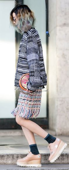 Paris Fashion Week street style: Irene Kim wearing platform brogues, a tweed skirt and patterned jacket Fashion Week 2015, 2015 Trends, Paris Fashion Week Street Style, Street Style Trends, Autumn Street Style, Street Style Looks, Comfortable Fashion