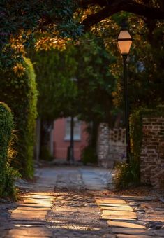 a street light on the side of a brick road with trees and bushes around it