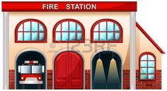 a fire station building with red doors and windows