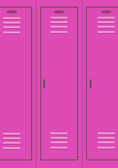 three pink lockers with one door open and the other closed