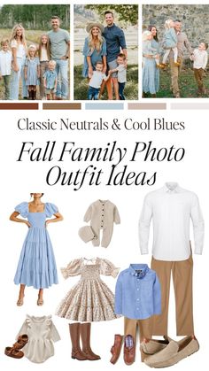 an advertisement for the fall family photo outfit ideas book, with pictures of people in dresses and