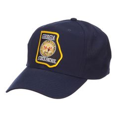 Georgia State Patrol Patched CapMade of 35% cotton and 65% polyester.One size fits most with an adjustable plastic snap closure, fitting up to 7 1/2.Same material inner hatband.Adult/Unisex.Crown measures 3 1/2 inches deep.Bill measures 2 3/4 inches long.Hand wash only.Imported. Embroidered patch of Georgia state patrol is attached on the front crown of cap.6 small ventilation holes placed on each panel of crown.Front crown is constructed.Bill is stiff and pre curved.6 panels.High profile.Our Ge State Department, Unisex Crown, Georgia State, Big Hat, Sticker Patches, Patch Design, Hat Band, Custom Hats, Embroidered Patch