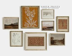 an assortment of framed art pieces on a wall with the words north prints above them