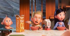 an animated scene with three children eating cereal