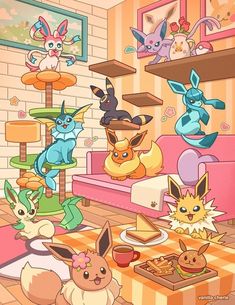 an image of pokemon living room with many different types of pikachu and other cartoon characters