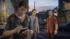 three men are standing in the street and one is looking at a book while the other man holds a pen