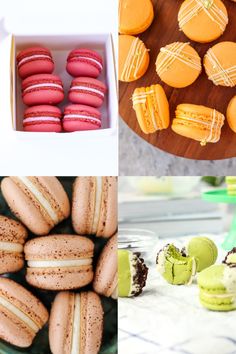 there are four different types of macaroons in this collage, one is orange and the other is green