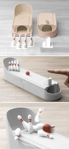 three different views of a bowling game set up on the floor and in front of a person's hand pointing at it