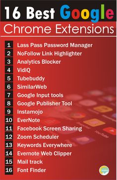 the 16 best google chrome extensions list is shown in red and black with text that reads,