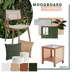 the mood board is filled with green plants and furniture, including a chair, side table,