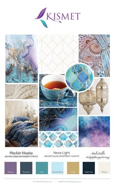 the color palette for kismet's latest collection, which includes blue and gold