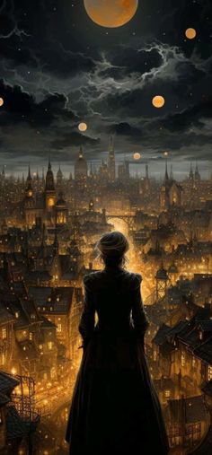 a woman standing on top of a city at night