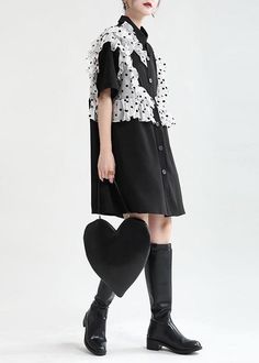 Women Black Ruffles Patchwork Summer Button Party Dress Short Sleeve - SooLinen Spring Formal Patchwork Dresses, Black Patchwork Mini Dress For Work, Black Button-up Mini Dress For Party, Party Mini Dress With Button Closure And Short Sleeves, Party Mini Dress With Short Sleeves And Button Closure, Short Sleeve Patchwork Dress For Evening, Evening Patchwork Dress With Short Sleeves, Evening Dress With Patchwork And Short Sleeves, Evening Dresses With Patchwork And Short Sleeves