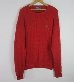 "Polo Ralph Lauren Golf Vintage Long Sleeve Cable Knit Crewneck Sweater Red, Plaid Polo Golf Logo on Front 100% Cotton Size: Large - Runs Large - See Measurements Pit to Pit: 27.5\" Length: 29\" Sleeve: 28.5\" (shoulder to unturned cuff hem) Very good condition - Light pilling" Ralph Lauren Golf, Golf Logo, Pullover Sweater Men, Ralph Lauren Mens, Vintage Polo Ralph Lauren, Polo Golf, Beautiful Sweater, Vintage Polo, Knit Crewneck