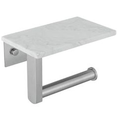 a white marble and stainless steel toilet paper holder with towel bar in the middle, on a white background