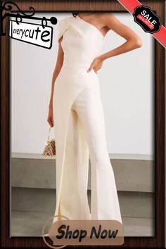 Fashion Elegant Solid Split Joint One Shoulder Loose Jumpsuits All White Party Jumpsuits & Rompers, White Fitted One-shoulder Jumpsuit, Chic White Strapless Wide-leg Jumpsuit, White Stretch V-neck Jumpsuits And Rompers, White Wide-leg Jumpsuit With Pockets, Loose Jumpsuit, Fashion Elegant, Jumpsuits And Romper, Jumpsuit Fashion