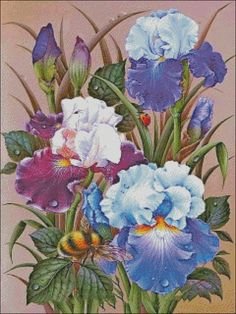 a painting of blue and white flowers in a vase