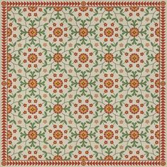 an intricately designed quilt with flowers and leaves on white fabric, in red, green, yellow and orange colors