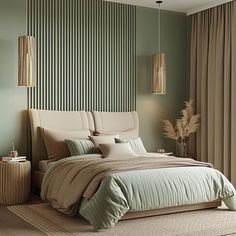 a bedroom with green walls and beige bedding