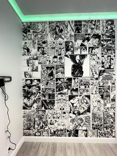 a room with a wall covered in comic book pages and green light coming from the ceiling